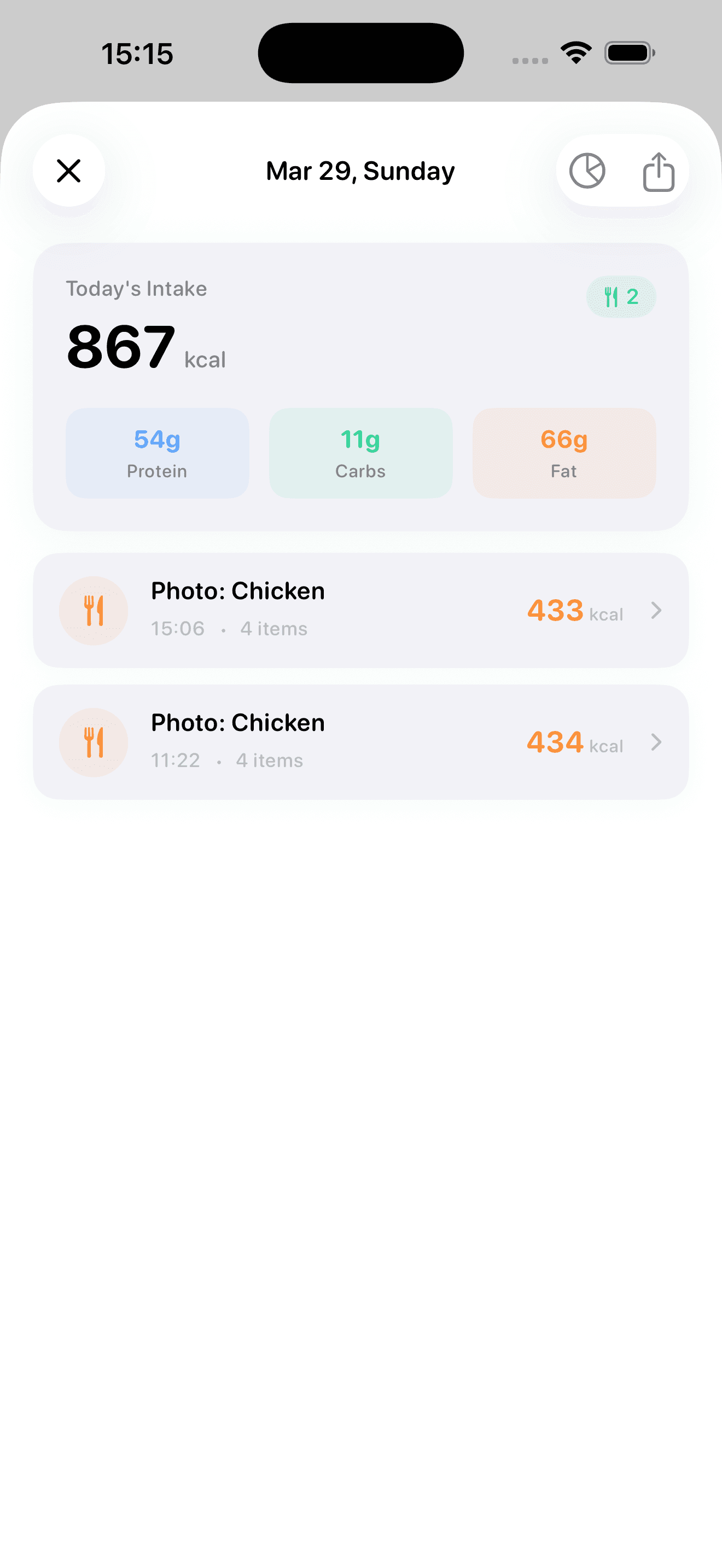 Nutrition tracking screen with macro breakdown